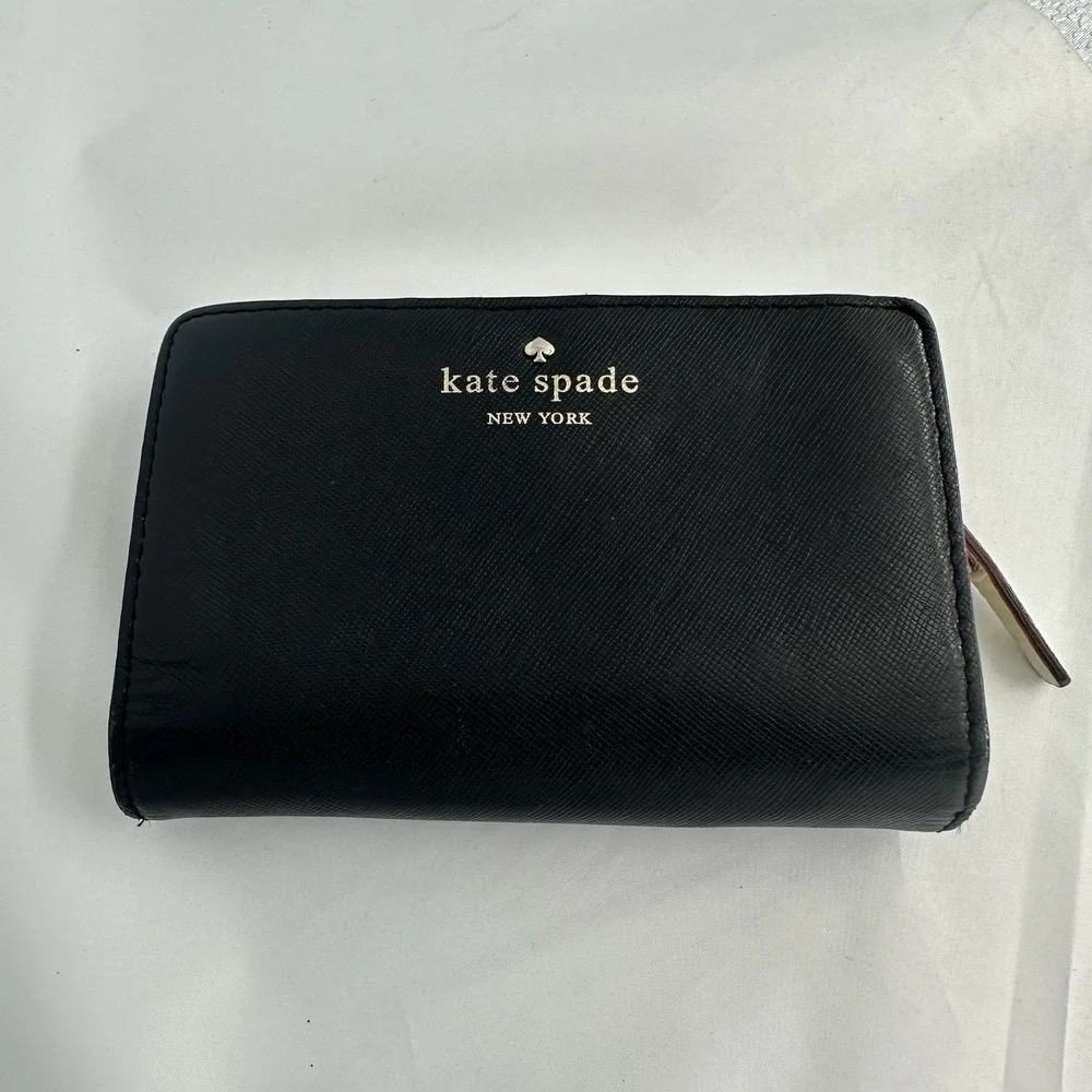Kate Spade New York Black Folding Wallet Logo Zipper Credit Card Gold Hardware